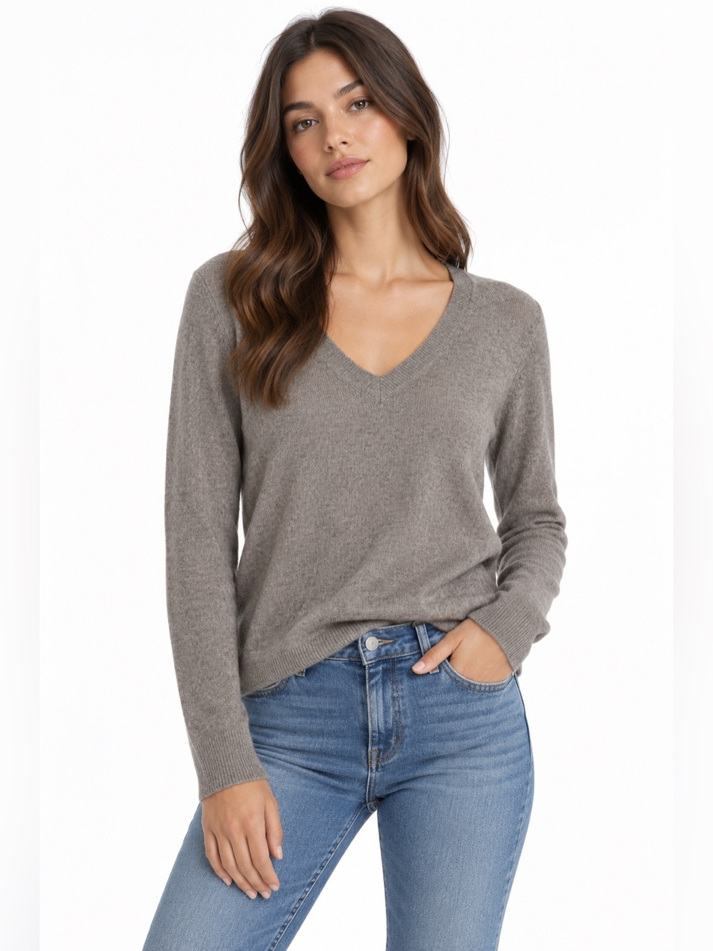 Tahari Pure Luxe 100% Cashmere V-Neck Sweater - Heathered Tan